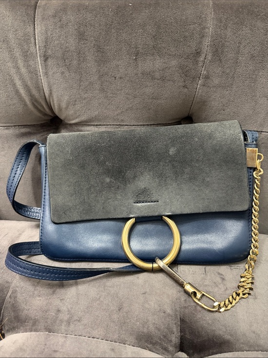Chloe Handbags - Chloe Navy Leather & Slate Suede Crossbody with Gold Ring